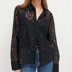 NWT JOE FRESH Black Lace Button Down Blouse